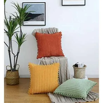 Oirpro Green Pillow Covers 18x18 inch with Pom-poms Set of 2 Corduroy Farmhouse Boho Accent Decorative Throw Pillow Covers for Couch Bed Sofa