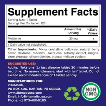 Vitamatic 2 Pack Melatonin 20 mg Fast Dissolve 120 Tablets - Natural Berry Flavor | Vegetarian, Non-...