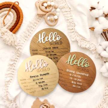 Bleed Proof Engineered Wood, Hello World Newborn Sign, Baby Announcement Sign, Newborn Announcement Sign, Birth Announcement Sign - 5.5" (Birch/White/Round)