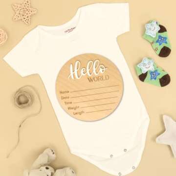 Bleed Proof Engineered Wood, Hello World Newborn Sign, Baby Announcement Sign, Newborn Announcement Sign, Birth Announcement Sign - 5.5" (Birch/White/Round)