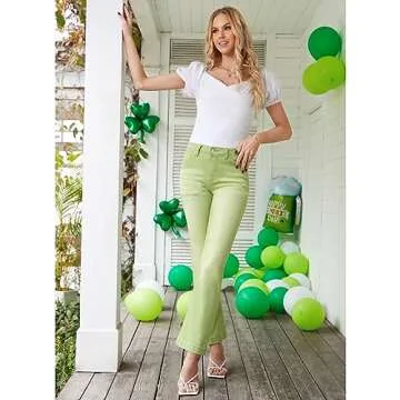GRAPENT Business Casual Pants for Women Stretch High Waisted Flare Ripped Jeans Womens Stretchy Jeans 70s Outfits for Womens Jeans Wide Leg Pants for Women Color Lettuce Green Large Size 12 Size 14