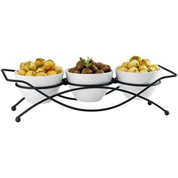 Elegant 4-piece Tier Relish Tray with White Ceramic Bowl Dish & Stand, Server Set with Metal Rack, B...