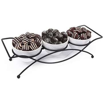 Elegant 4-piece Tier Relish Tray with White Ceramic Bowl Dish & Stand, Server Set with Metal Rack, Buffet Server for Appetizers, Candy, Nuts and Dips & Favorite Food.