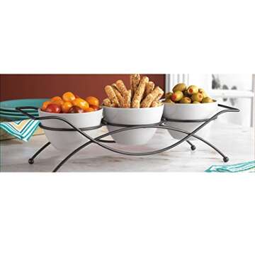 Elegant 4-piece Tier Relish Tray with White Ceramic Bowl Dish & Stand, Server Set with Metal Rack, Buffet Server for Appetizers, Candy, Nuts and Dips & Favorite Food.