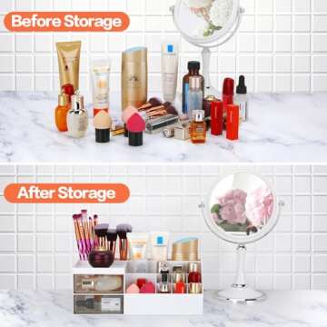 LETURE Desk Organizer, Cosmetic Makeup Vanity Organizer Box, Bathroom Counter Makeup Storage for Eyeshadows, Skin Care, Concealers, Powders, Nail Polish (White)