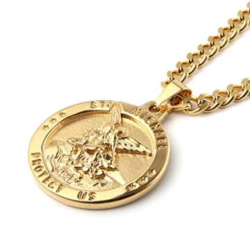 HZMAN St Michael The Archangel Catholic Medal Stainless Steel Amulet Pendant Necklace 22+2" Rolo Cur...