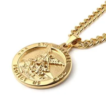 HZMAN St Michael The Archangel Catholic Medal Stainless Steel Amulet Pendant Necklace 22+2" Rolo Cur...