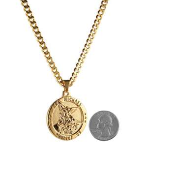 HZMAN St Michael The Archangel Catholic Medal Stainless Steel Amulet Pendant Necklace 22+2" Rolo Curb Chain (Gold-1)