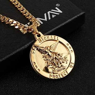 HZMAN St Michael The Archangel Catholic Medal Stainless Steel Amulet Pendant Necklace 22+2" Rolo Curb Chain (Gold-1)