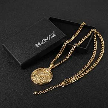 HZMAN St Michael The Archangel Catholic Medal Stainless Steel Amulet Pendant Necklace 22+2" Rolo Curb Chain (Gold-1)