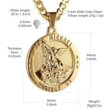 HZMAN St Michael The Archangel Catholic Medal Stainless Steel Amulet Pendant Necklace 22+2" Rolo Curb Chain (Gold-1)