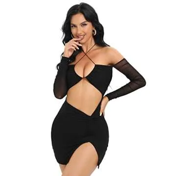 Just Quella Sexy Club Outfits for Women Sheer Long Sleeves Off- The Shoulder Cut Out Black Mesh Dress (US,8-10)