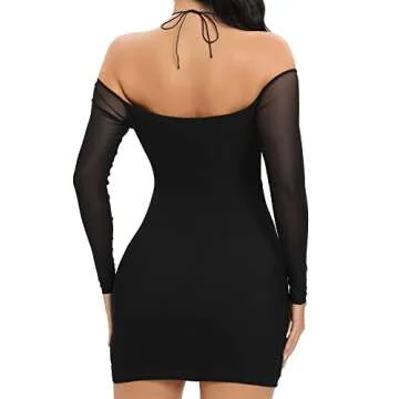 Just Quella Sexy Club Outfits for Women Sheer Long Sleeves Off- The Shoulder Cut Out Black Mesh Dress (US,8-10)