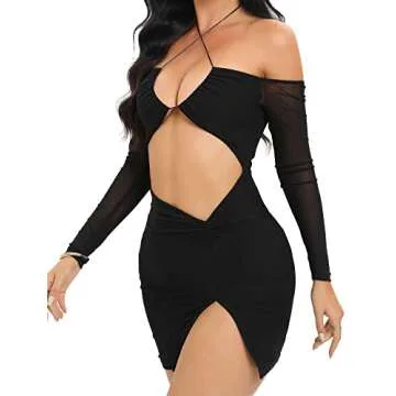 Just Quella Sexy Club Outfits for Women Sheer Long Sleeves Off- The Shoulder Cut Out Black Mesh Dress (US,8-10)