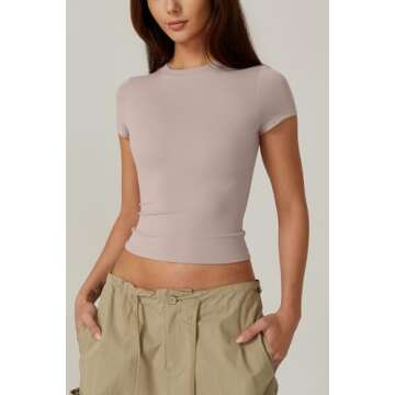 QINSEN Women's Crew Neck Short Sleeve Tops Double Lined Slim Fit T Shirts Basic Tee Pink S