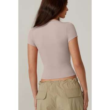 QINSEN Women's Crew Neck Short Sleeve Tops Double Lined Slim Fit T Shirts Basic Tee Pink S