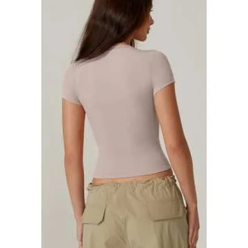 QINSEN Women's Crew Neck Short Sleeve Tops Double Lined Slim Fit T Shirts Basic Tee Pink S