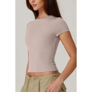 QINSEN Women's Crew Neck Short Sleeve Tops Double Lined Slim Fit T Shirts Basic Tee Pink S
