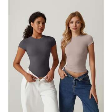 QINSEN Women's Crew Neck Short Sleeve Tops Double Lined Slim Fit T Shirts Basic Tee Pink S