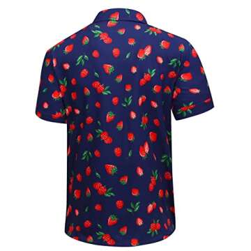 SheLucki Hawaiian Shirt for Men, Unisex Summer Beach Casual Short Sleeve Button Down Shirts, Printed Palmshadow Clothing Strawberry Blue XL