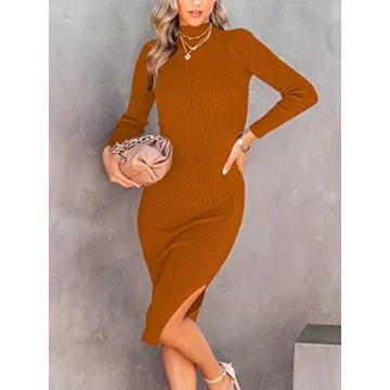 ANRABESS Women's Stylish Long Sleeve Ribbed Sweater Dress