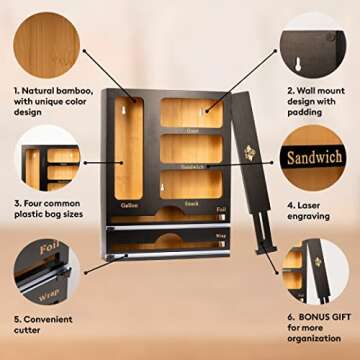 Tidy Hero - Ziplock Bag Organizer with Foil and Wrap Dispenser - 6 IN 1 Luxury Bamboo Plastic Bag Or...