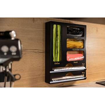 Tidy Hero - Ziplock Bag Organizer with Foil and Wrap Dispenser - 6 IN 1 Luxury Bamboo Plastic Bag Organizers with Cutter for Kitchen Drawers, Kitchen Organization Gadgets for Home, Gift, Black