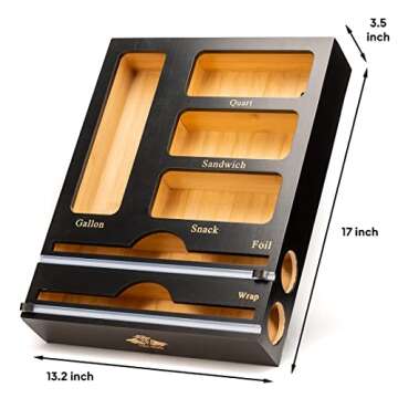 Tidy Hero - Ziplock Bag Organizer with Foil and Wrap Dispenser - 6 IN 1 Luxury Bamboo Plastic Bag Organizers with Cutter for Kitchen Drawers, Kitchen Organization Gadgets for Home, Gift, Black