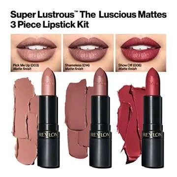 Revlon Super Lustrous 3-Piece Lipstick Gift Set, High Impact, Matte Finish, 003 Pick Me Up, 014 Shameless, 008 Show Off, 0.45 Oz