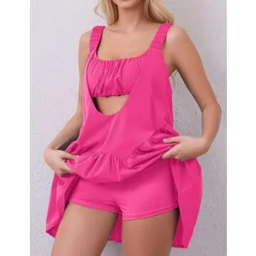 Lauweion Womens Athletic Tennis Dress with Built in Bra and Shorts Sleeveless Workout 2 Piece Tennis Outfits Summer Peach Pink