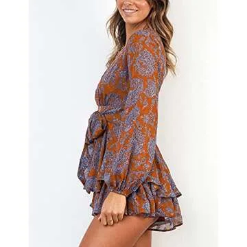 Relipop Women's Romper Floral Print V Neck Baggy Sleeve Waist Tie Layered Ruffle Hem Short Casual Summer Rompers Jumpsuits