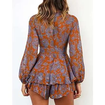 Relipop Women's Romper Floral Print V Neck Baggy Sleeve Waist Tie Layered Ruffle Hem Short Casual Summer Rompers Jumpsuits
