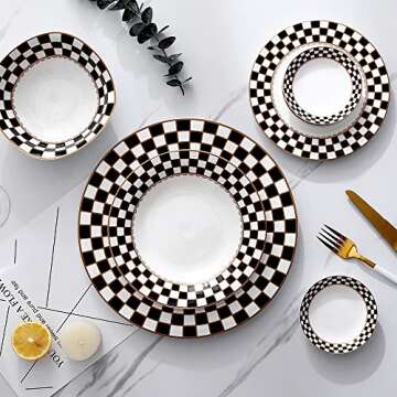Porlien Checker Pattern 20-piece Round Dinnerware Set for 4, Bone China