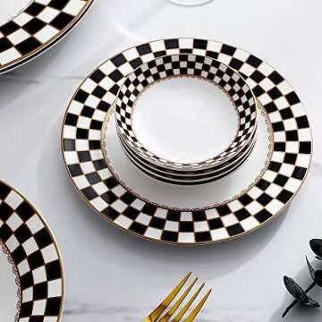 Porlien Checker Pattern 20-piece Round Dinnerware Set for 4, Bone China