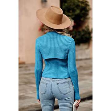 PRETTYGARDEN Women's 2025 Fashion Fall Clothes 2 Piece Cutout Tops Long Sleeve Mock Neck Rib Knit Winter Pullover Sweater (Blue,Large)