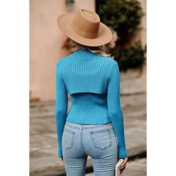 PRETTYGARDEN Women's 2025 Fashion Fall Clothes 2 Piece Cutout Tops Long Sleeve Mock Neck Rib Knit Winter Pullover Sweater (Blue,Large)