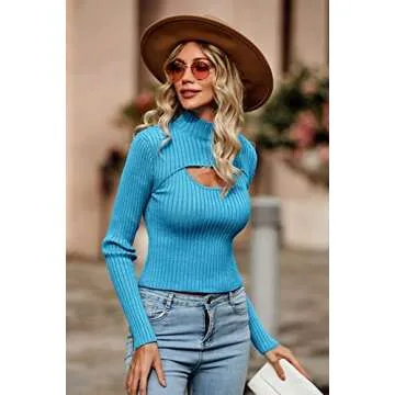 PRETTYGARDEN Women's 2025 Fashion Fall Clothes 2 Piece Cutout Tops Long Sleeve Mock Neck Rib Knit Winter Pullover Sweater (Blue,Large)