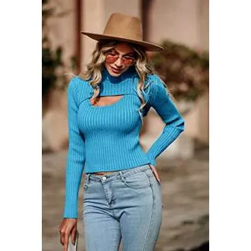 PRETTYGARDEN Women's 2025 Fashion Fall Clothes 2 Piece Cutout Tops Long Sleeve Mock Neck Rib Knit Winter Pullover Sweater (Blue,Large)