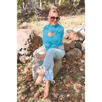 PRETTYGARDEN Women's 2025 Fashion Fall Clothes 2 Piece Cutout Tops Long Sleeve Mock Neck Rib Knit Winter Pullover Sweater (Blue,Large)