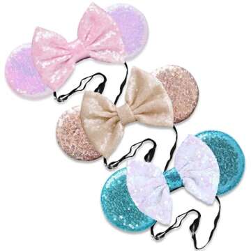 SAMARKAND Sequin Bow Mouse Ears Headbands, 3PCS Shiny Glitter - Elastic and Adjustable Headache-Free Headbands for Girls and Women (Princess)