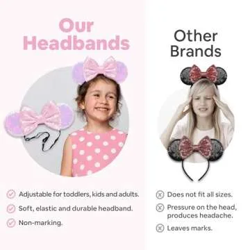 SAMARKAND Sequin Bow Mouse Ears Headbands, 3PCS Shiny Glitter - Elastic and Adjustable Headache-Free Headbands for Girls and Women (Princess)