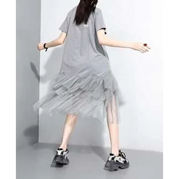 ellazhu Women's Casual Short Sleeve Crew Neck Tutu Tulle Dress with an Oversized Fit GY2266 Grey