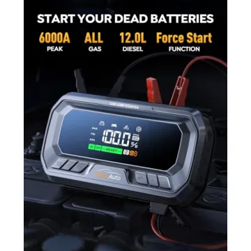 YaberAuto Portable Car Jump Starter with Air Compressor 160PSI, 6000A 65W Charging Car Battery Jump Starter Battery Pack (All Gas/12L Diesel) Jump Box Car Battery Jumper Starter Portable, 600lm Lights