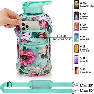 Fimibuke Half Gallon Water Bottle with Sleeve 64 OZ Water Bottle with Handle & Straw Leakproof Motivational Sports Gym Water Bottle with Time Marker Water Jug with Neoprene Holder - Floral Bloom