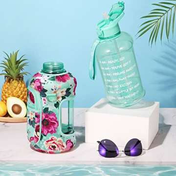 Fimibuke Half Gallon Water Bottle with Sleeve 64 OZ Water Bottle with Handle & Straw Leakproof Motivational Sports Gym Water Bottle with Time Marker Water Jug with Neoprene Holder - Floral Bloom