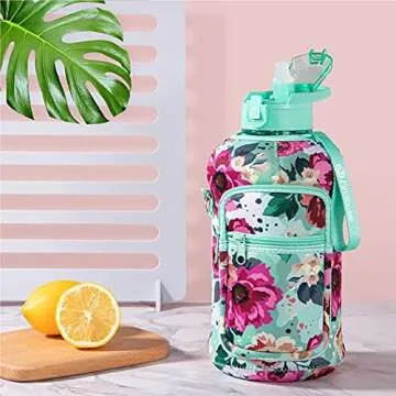 Fimibuke Half Gallon Water Bottle with Sleeve 64 OZ Water Bottle with Handle & Straw Leakproof Motivational Sports Gym Water Bottle with Time Marker Water Jug with Neoprene Holder - Floral Bloom