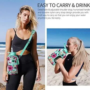 Fimibuke Half Gallon Water Bottle with Sleeve 64 OZ Water Bottle with Handle & Straw Leakproof Motivational Sports Gym Water Bottle with Time Marker Water Jug with Neoprene Holder - Floral Bloom