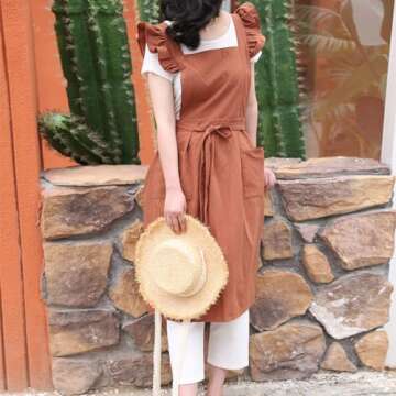 OBEEII Cotton Linen Apron for Women Girls Cross Back Kitchen Cooking Aprons with Pockets Vintage Bak...