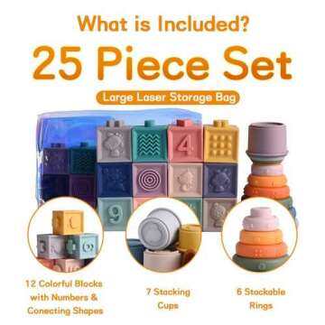 WOMRICH Montessori Toys for 1 Year Old, Baby Toys, 3 in 1 Sensory Toys Bundle, Baby Toys 6 to 12 Months, Baby Blocks, Stacking Cups and Rings Toy Great for Teething, Learning & Education Toys