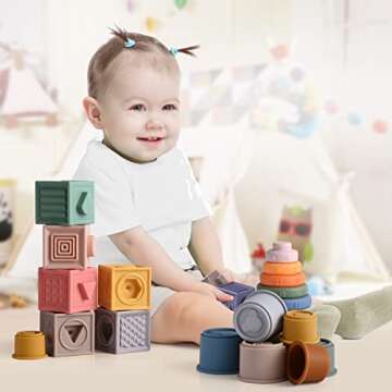 WOMRICH Montessori Toys for 1 Year Old, Baby Toys, 3 in 1 Sensory Toys Bundle, Baby Toys 6 to 12 Months, Baby Blocks, Stacking Cups and Rings Toy Great for Teething, Learning & Education Toys